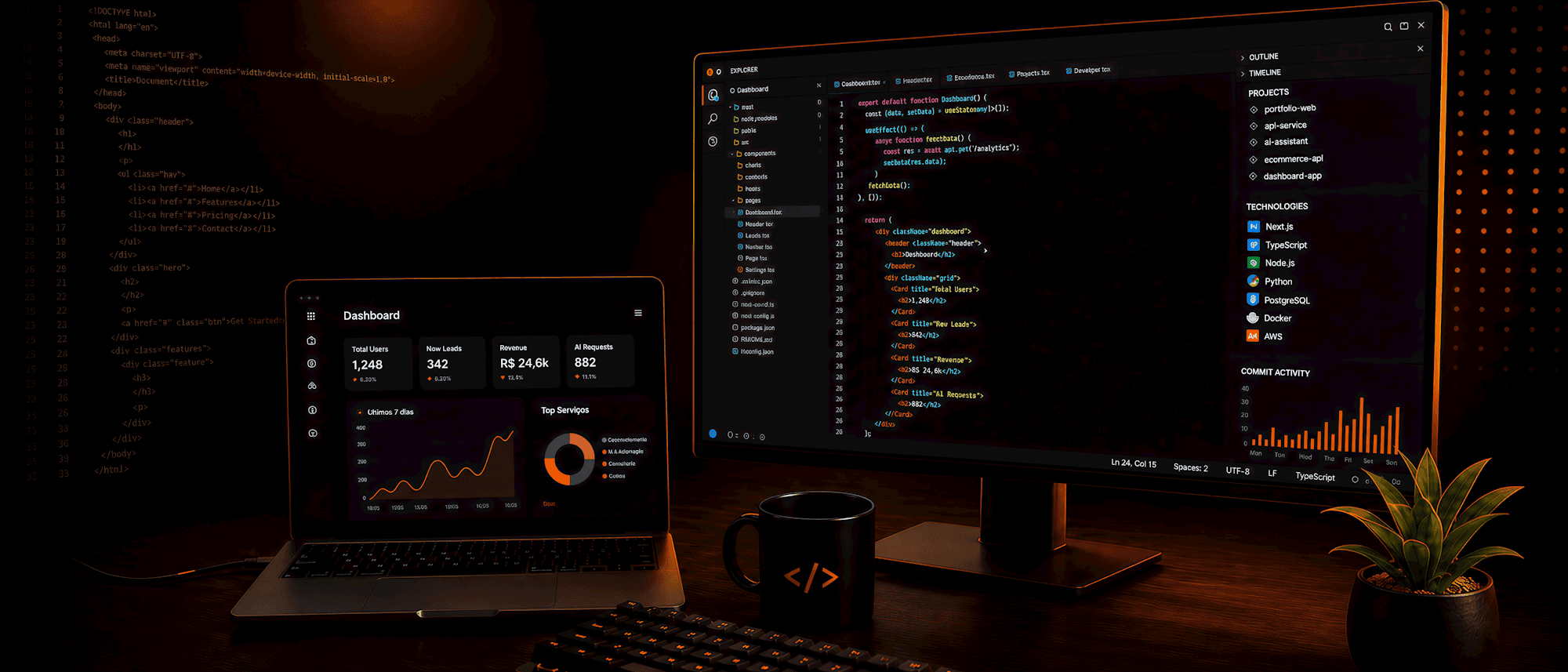 Code and performance metrics on a developer screen